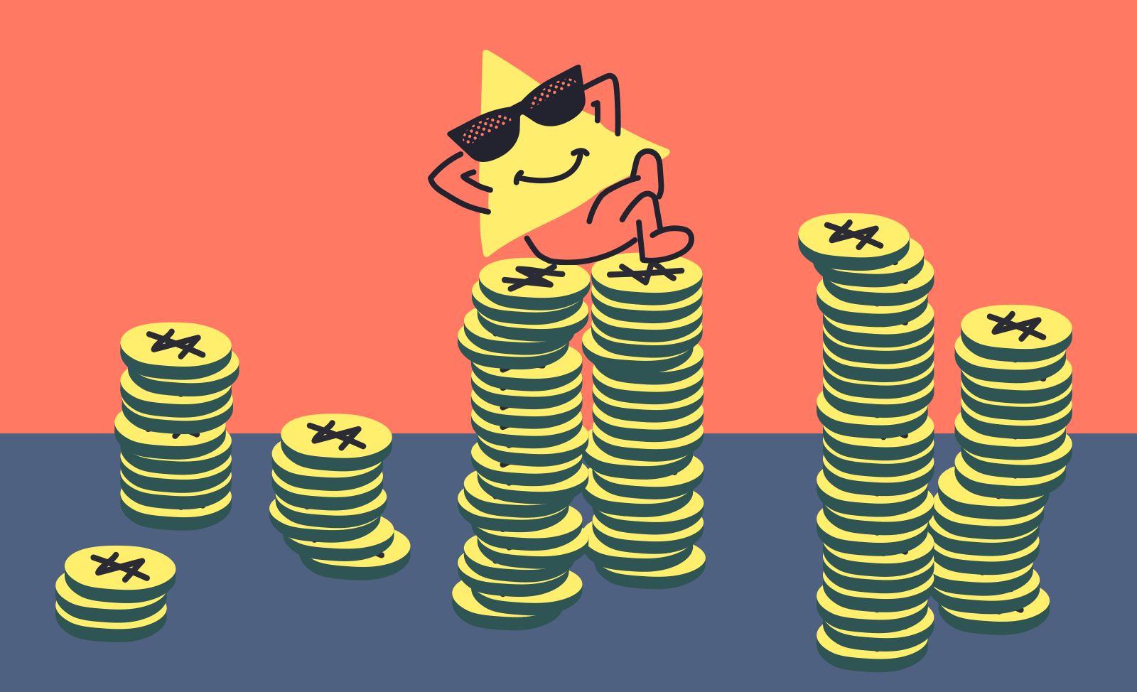 "Zap chilling with piles of coins"