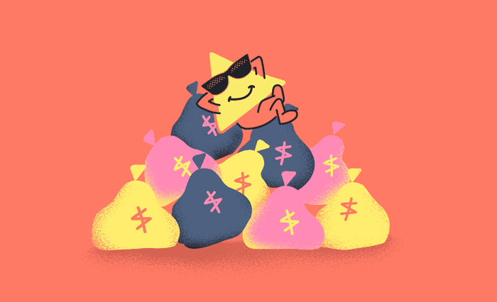 Zap atop a pile of money bags