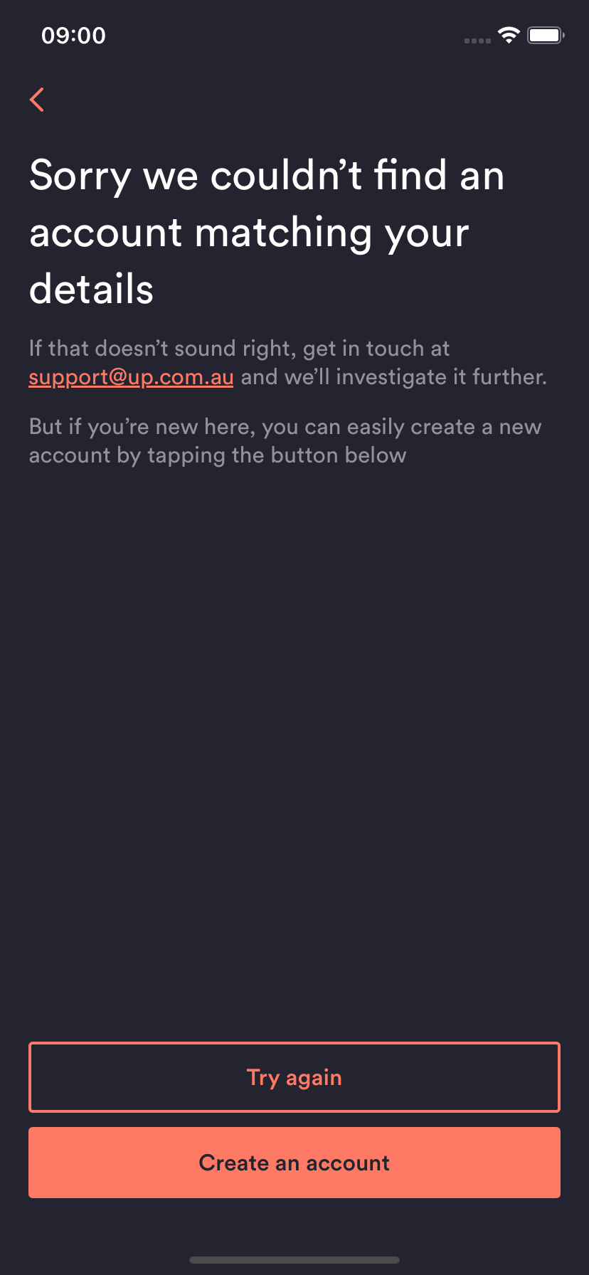 Screen showing error page when there is no account matching the details you've entered