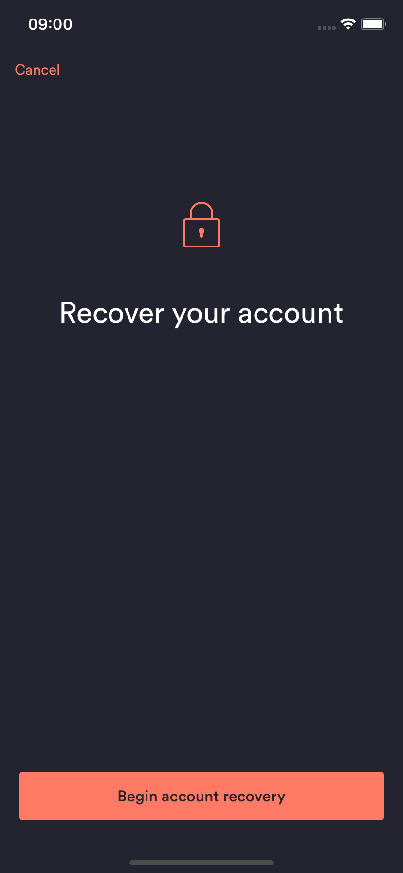 Up App screen where account recovery can begin