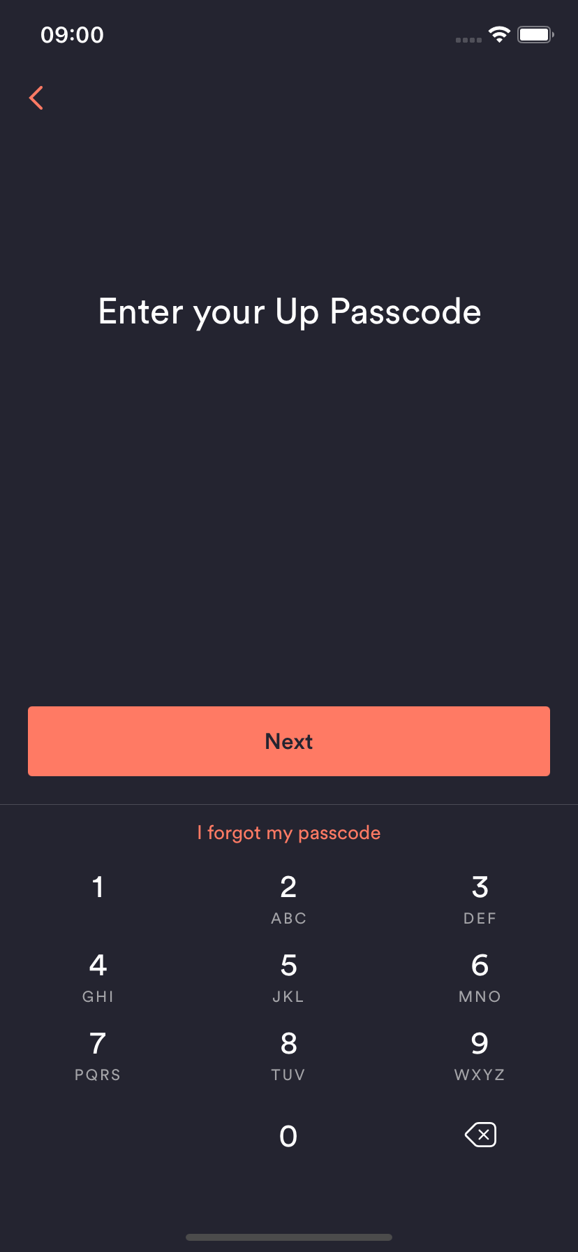 Up App screen where your passcode can be entered