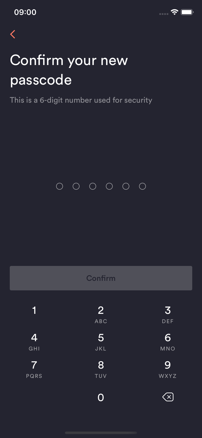 Up App screen to confirm new passcode