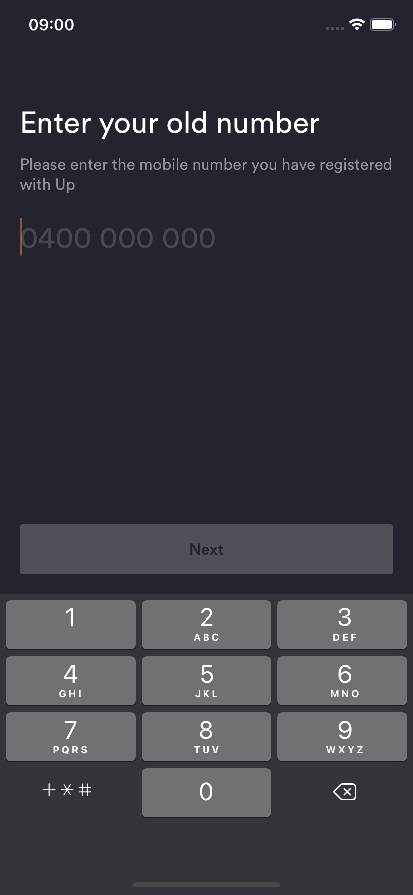 Up App screen for entering your old mobile number
