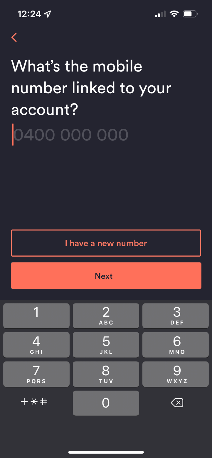 Up App screen for entering the mobile number linked to your account