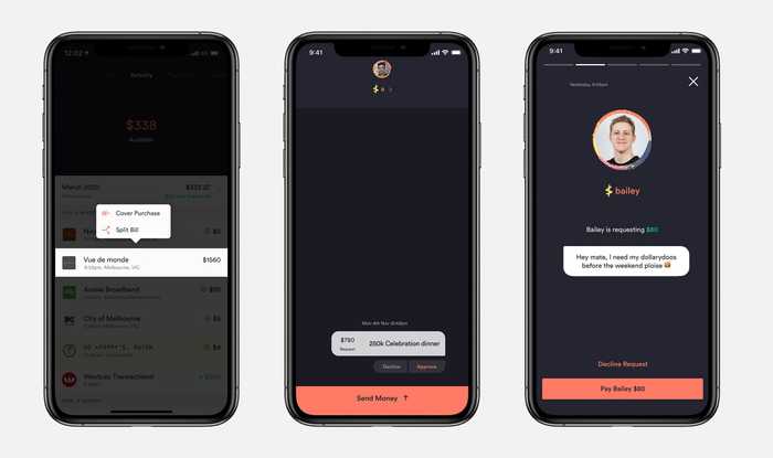 "Mockups of bill splitting and money request ideation"