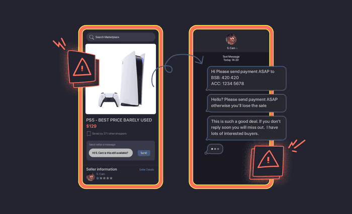 Depiction of sale of PS5 at a really low price with repeated requests for payment