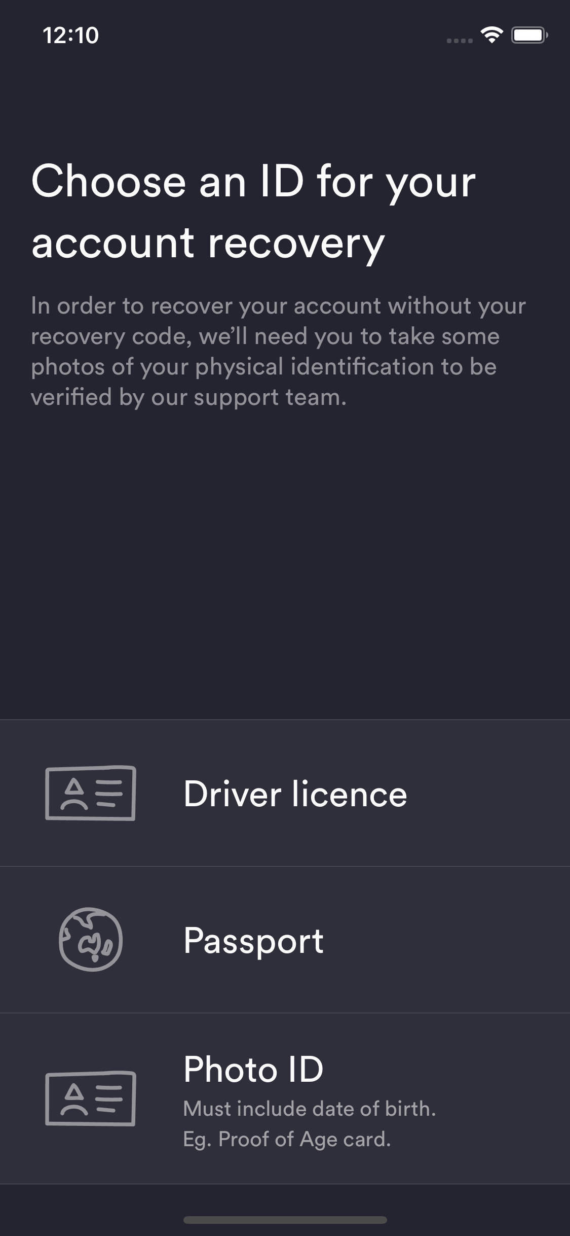 Up App screen to choose ID document to complete recovery with