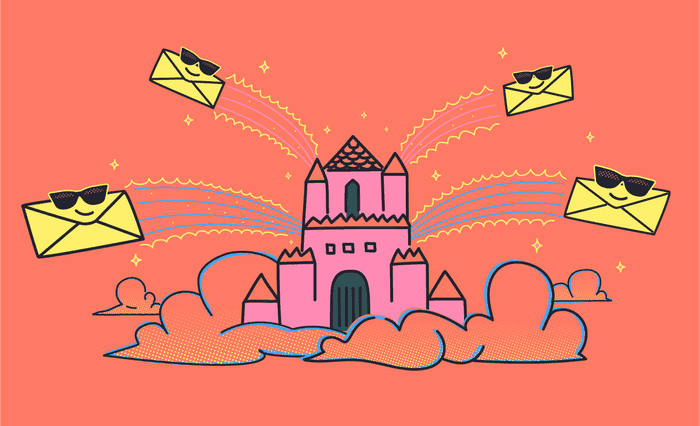 A castle surrounded by flying envelopes