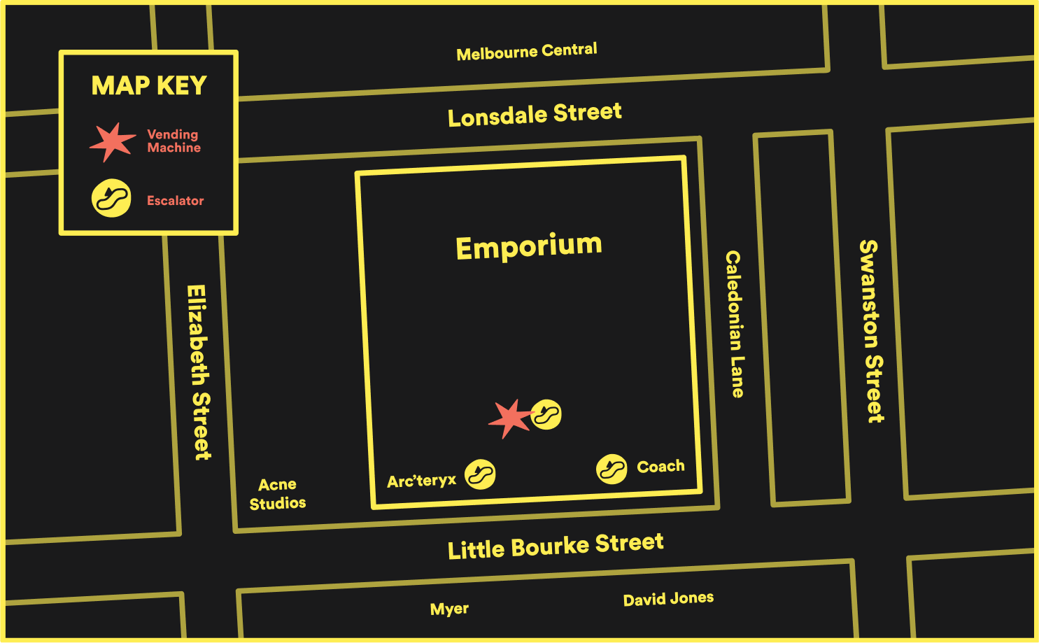 Map showing vending machine location in Emporium Melbourne